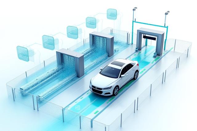 液体力学とキューイング理論に基づいた洗車システムの図